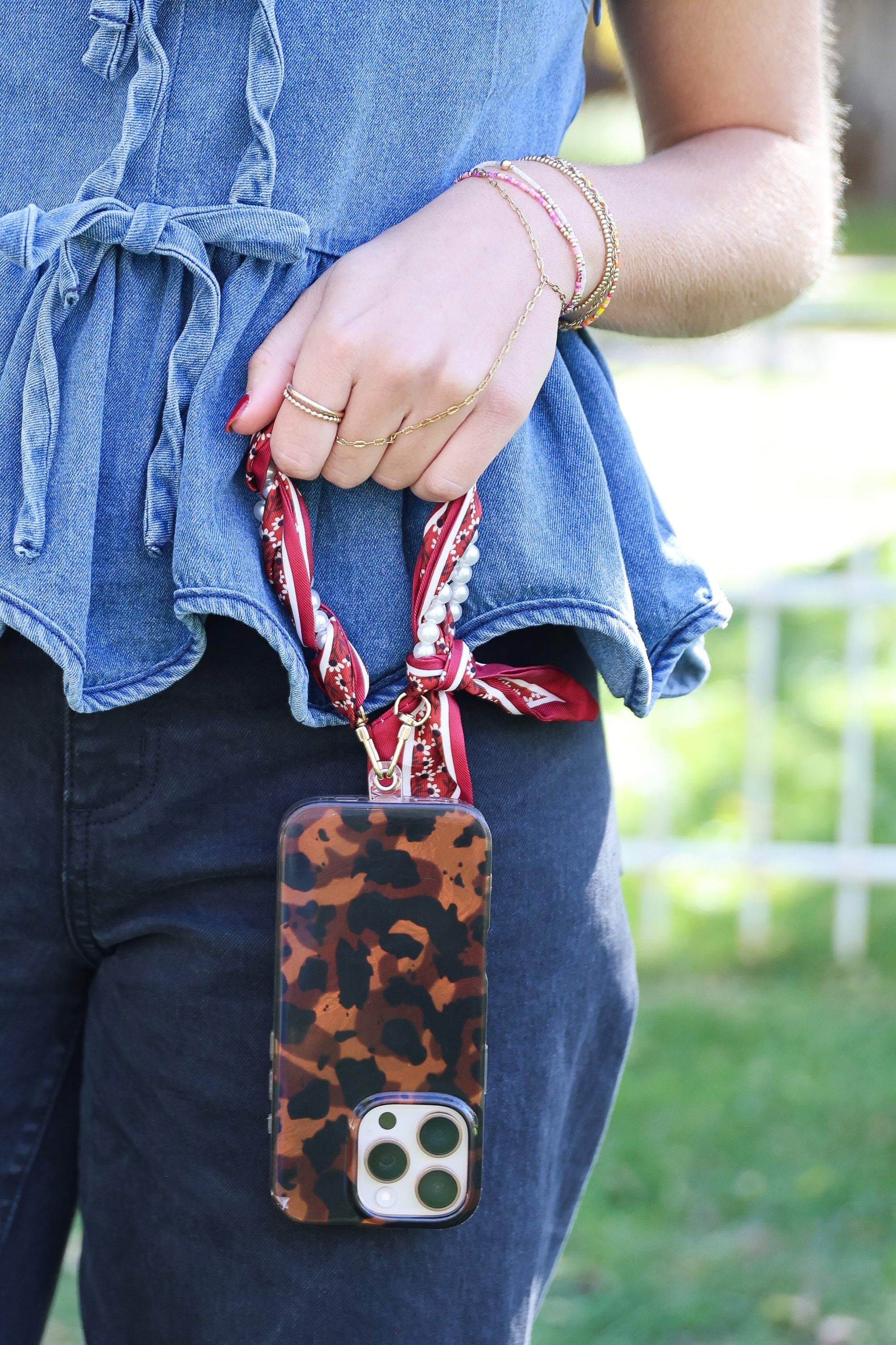 Woven Scarf Pearl Phone Strap/Wristlet - Crimson